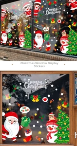 Macro detail of Christmas window stickers featuring Santa Claus and snowman decorations