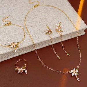 Collana Bracciale Orecchini Anello Aperto Fiore Rame Placcato Oro Smalto Zircone Gioielli Eleganti Vintage Per Donna