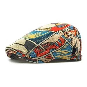 Retro ethnic jacquard beret with comic patterns and metal buckle in side-back view