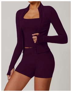 Detail of plum athletic jacket featuring long sleeves with functional thumbholes
