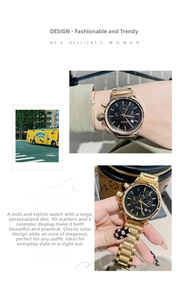 Detailed macro view of the rose gold chronograph watch with a black multi-dial face