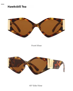 Detail view of tortoiseshell sunglasses with geometric frames and gold hinge accents