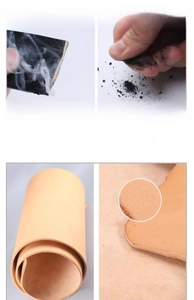 Macro detail of genuine cowhide leather texture and white smoke fire test results