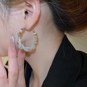 Silver-plated hoop earring with twisted design and cubic zirconia on a model's ear
