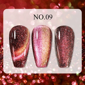 Macro detail of deep red shimmering cat-eye magnetic nail polish gel on salon swatch tips