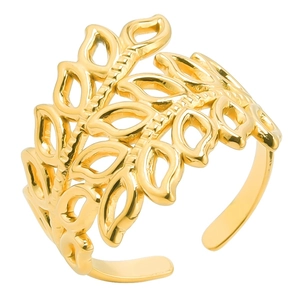 Adjustable gold open ring featuring intricate hollow leaf design for women and men