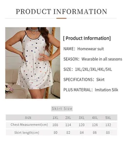 Detailed size chart for plus size satin floral nightgown with strap and heart print