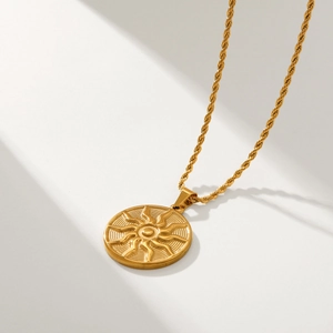 Golden sun totem pendant necklace with twisted rope chain in polished stainless steel