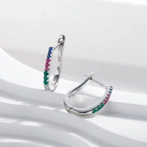 S925 sterling silver U-shaped hoop earrings featuring colorful cubic zirconia stones