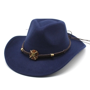 Detail of blue wool felt cowboy hat featuring brown braided band and metal buckle