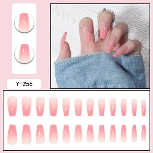 Faux ongles à coller dégradé rose brillant avec forme ballerine longue, modèle Y-256