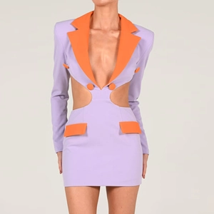 Women Blazer Dress Hollow Out Backless Contrast Color Long Sleeve V Neck Mini Sexy Bodycon Polyester Fashion