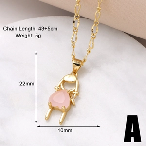 Detail view of a gold-plated girl pendant necklace with a pink heart zircon stone and sizes