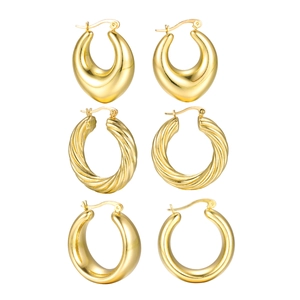 Goldenes klobiges Ohrring-Set mit hohlen Tropfen und dicken polierten Creolen-Designs