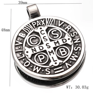 Detailed view of silver Saint Benedict medal pendant with precise measurements and weight