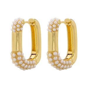 Elegant geometric gold plated rectangle hoop earrings with inlaid white pearls