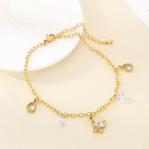 Butterfly Water Drop Charm Anklet Women Stainless Steel Gold Tone Summer Beach Zirconia Rhinestone Waterproof Jewelry