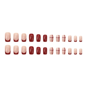 24pcs burgundy French style square press-on nails with elegant red and white plaid patterns