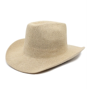 Classic beige woven straw Panama hat with wide brim for sun protection, top flat design