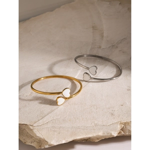 Minimalist 18k gold plated stainless steel open bangles with white enamel hearts