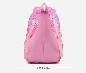 Rear view of pink school backpack featuring breathable mesh back and padded shoulder straps