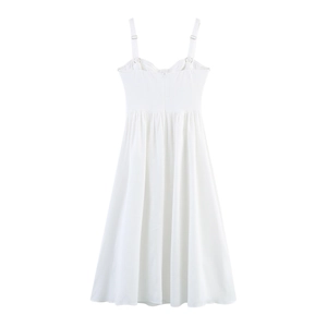 White sleeveless dress with adjustable straps and smocked waist showing the back view