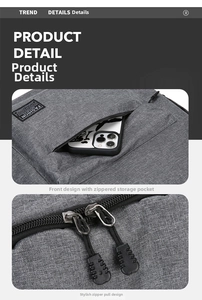 Detail view of durable grey textured backpack with dual zippers and front storage pocket