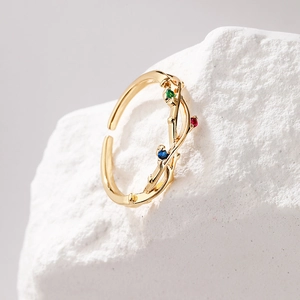 18K gold plated twig branch ring with colorful zircon stones in an open design