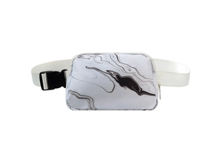 Detail of lightweight waterproof fanny pack with white marble pattern and adjustable strap