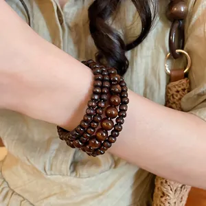 Handmade vintage coconut shell and dark brown wood bead multi-layer wrap bracelet
