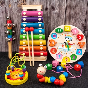 Colorful wooden educational toy set with xylophone, lion bead maze and penguin clock