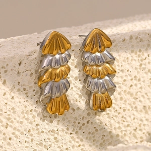 Layered Leaf Stud Earrings Two-Tone 18K Gold Plated Stainless Steel Christmas Tree Shape Geometric Elegant Jewelry