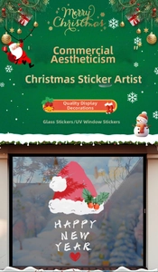 Detail of Christmas window sticker with red hat design and Happy New Year text