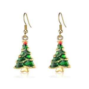 Detailed close-up of Christmas tree earrings with green enamel and golden hooks