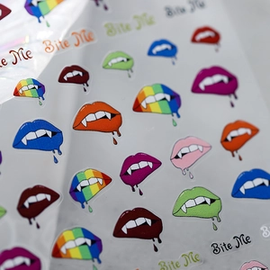 5D embossed vampire lip nail stickers with bite me text in various vibrant colors