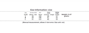 Size chart showing shoulder, bust, sleeve, and length measurements for women jacket