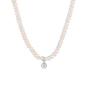 Elegant natural freshwater pearl necklace with a minimalist silver ball pendant on white