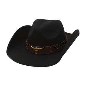 Western Cowboy Hat Felt Wide Brim With Leather Band Bull Head Metal Ornament Retro Jazz Hat For Women Men
