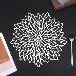 Modern white hibiscus PVC floral placemat with hollow design on black background