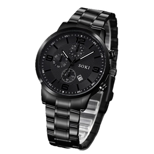 Professional SOKI black stainless steel men's business quartz watch with chronograph design