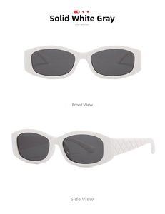 Front and side view of white oval sunglasses with diamond grid texture on temples