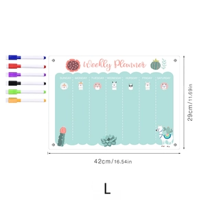 Detailed view of large magnetic weekly calendar with six colored markers and cactus prints