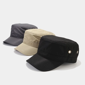 Quick-dry flat top cadet caps in dark grey, khaki, and black with breathable eyelets
