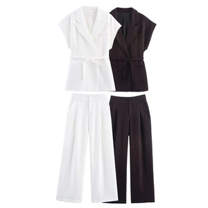 Women Linen Blend Polyester Vest And Wide Leg Pants Double Breasted Belted Top High Waisted Trousers Office Workwear