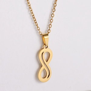 Golden stainless steel infinity symbol pendant necklace on a clean white background