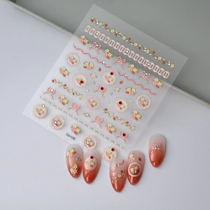 5D embossed floral nail stickers with pink bows and rhinestones Co-135 design
