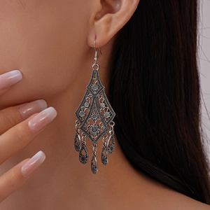 Vintage hollow flower teardrop tassel earrings in antique silver finish for women