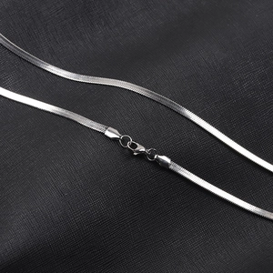 Close-up of 4mm silver flat snake chain necklace with lobster clasp in stainless steel