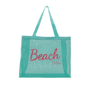 Grande borsa da spiaggia in rete verde acqua con stampa Beach Vibes rosa e manici larghi