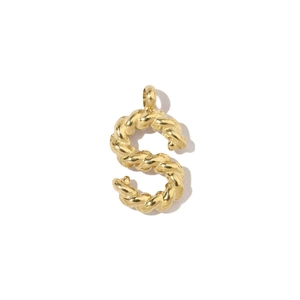 Detailed view of an 18k gold plated letter S pendant with twisted texture finish
